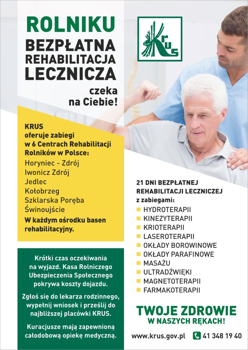 Plakat KRUS - bezpłatna rehabilitacja lecznicza dla rolników