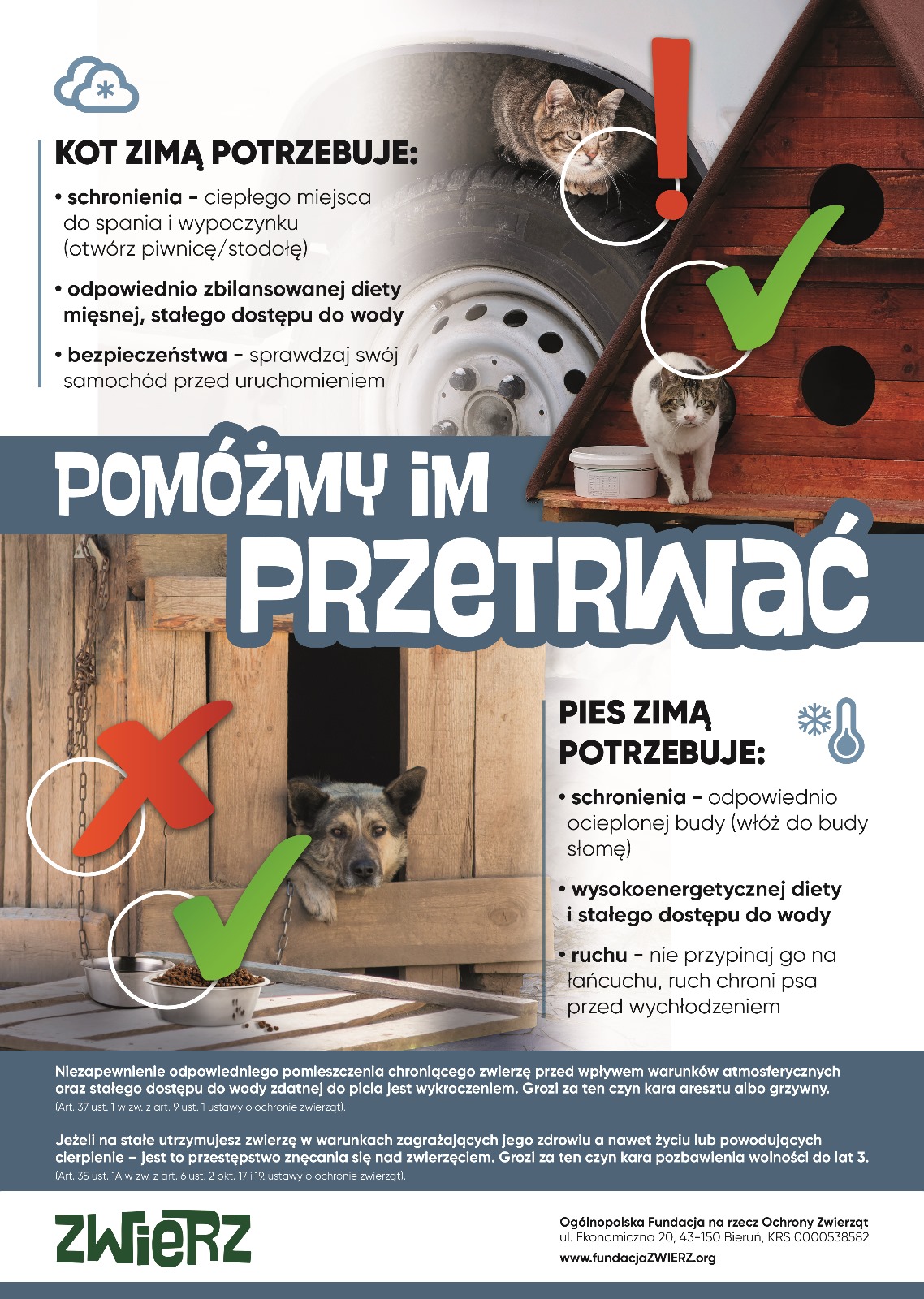 Plakat informacyjny o zapewnieniu zwierzętom ciepłego schronienia zimą