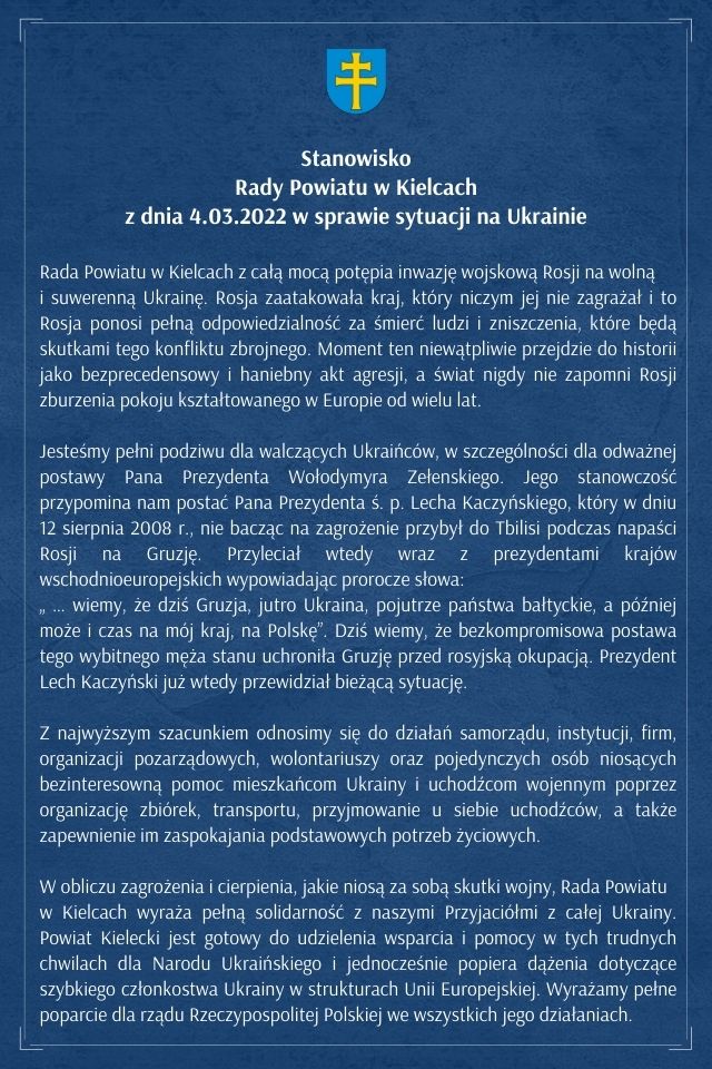 Stanowisko Rady Powiatu w Kielcach w sprawie sytuacji na Ukrainie