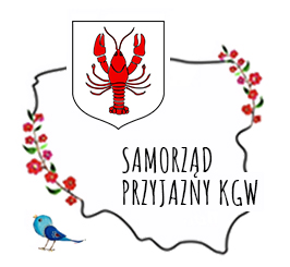 Kontur mapy Polski, nad konturem herb Gminy Raków, u dołu niebieski ptak, po środku napis "Samorząd przyjazny KGW"