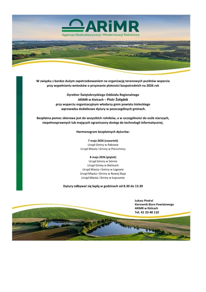 Plakat ARiMR o bezpłatnej pomocy przy wnioskach o płatności bezpośrednie na 2026 rok – harmonogram dyżurów w gminach powiatu kieleckiego.