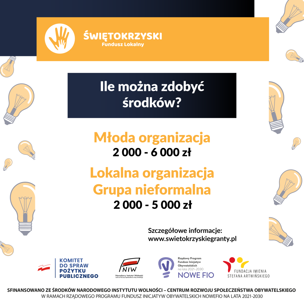 Grafika informacyjna Świętokrzyskiego Funduszu Lokalnego z pytaniem ‘Ile można zdobyć środków?’. Wskazane kwoty dofinansowania: dla młodej organizacji od 2 000 do 6 000 zł, dla lokalnej organizacji i grupy nieformalnej od 2 000 do 5 000 zł. Na dole adres strony: www.swietokrzyskiegranty.pl  oraz logotypy instytucji finansujących program.