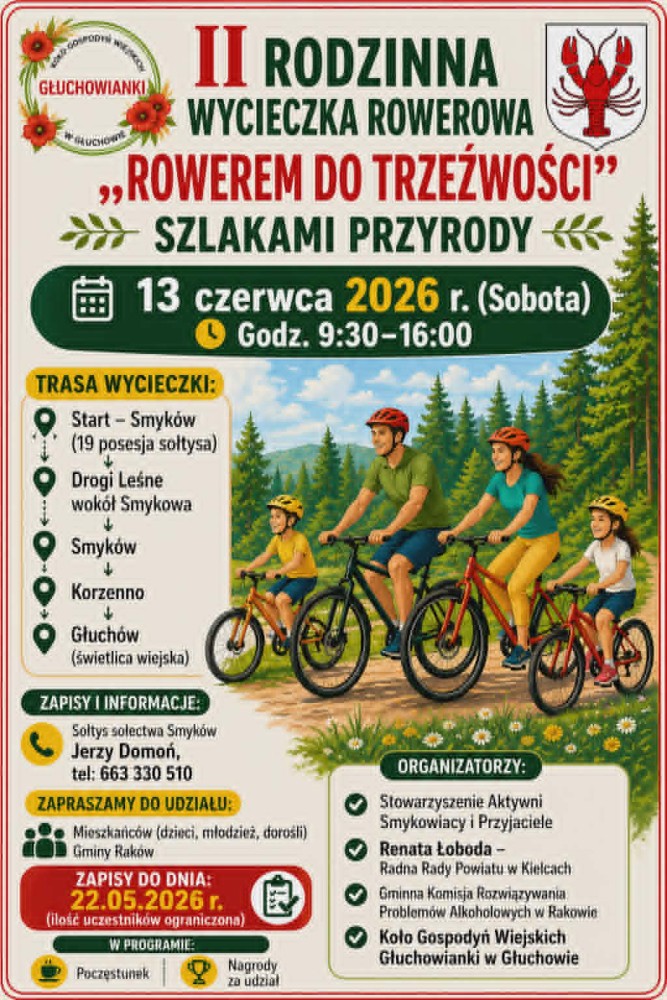 Plakat informujący o II Rodzinnej Wycieczce Rowerowej „Rowerem do trzeźwości szlakami przyrody”, która odbędzie się 13 czerwca 2026 roku w godz. 9:30–16:00. Trasa prowadzi przez Smyków, drogi leśne wokół miejscowości, Korzenno i kończy się w Głuchowie. Na ilustracji rodzina jadąca na rowerach przez leśną drogę. Zapisy do 22 maja 2026 r., liczba miejsc ograniczona. W programie poczęstunek i nagrody za udział.