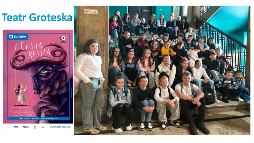 Grupa dzieci i młodzieży siedzi na schodach wewnątrz budynku teatru. Po lewej stronie widoczny plakat spektaklu „Piękna i Bestia” teatru Groteska w Krakowie.