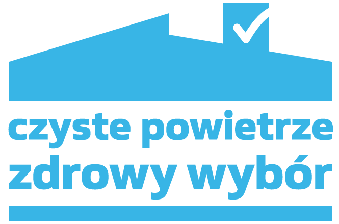 Logo programu "Czyste powietrze". Grafika obrazuje niebieski dach z kominem, pod spodem napis "czyste powietrze zdrowy wybór". 