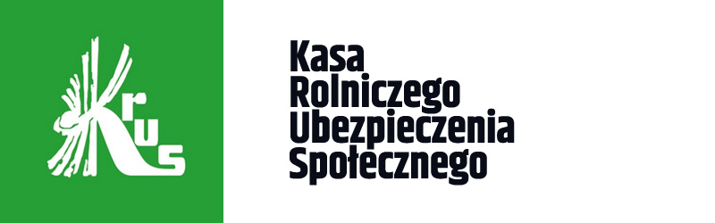 Zielone logo, na tle napis KRUS, Kasa Rolniczego Ubezpieczenia Społecznego